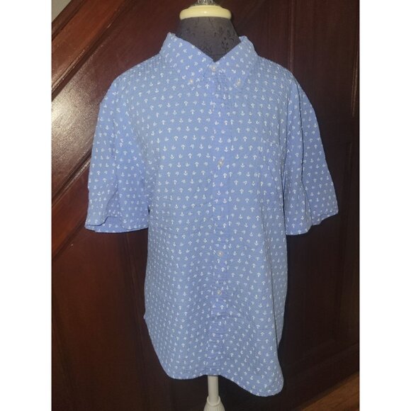 Lands End XXL Blue Short Sleeve Seersucker Anchor Print Button-Down Shirt - Picture 1 of 6